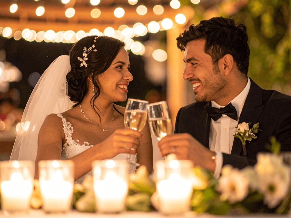 A newlywed couple smiles and toasts with champagne glasses at their wedding reception, surrounded by candles and fairy lights.